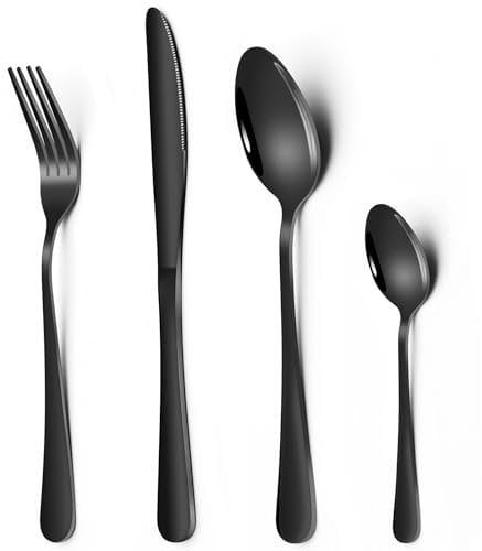 Schwarz Besteck Set, 24 teilig Edelstahl Essbesteck Set für 6 Personen, mit Messer Gabel Löffel, Tafelbesteck für Haus/Party/Restaurant, Spülmaschinenfest & Hochglanzpoliert