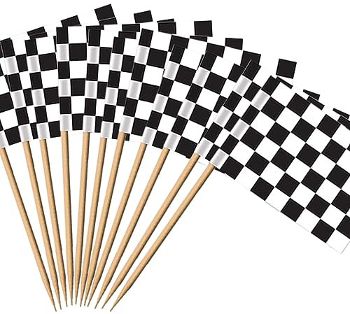 50 Pcs Black and White Chequered Flag Cupcake Picks, Checkered Racing Flag for Race Car Cake Toppers Sandwich Labels on Sticks, For Cake Toppers Food & Cupcake Party Decoration
