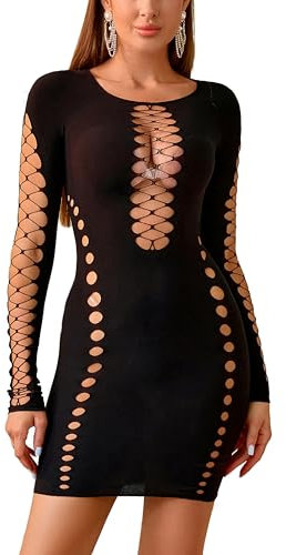 Sniff Rose Damen Cut Out Bodycon Kleid Damen Clubbekleidung Partykleid Schlüpfer Damen Fishnetz Dessous Mesh Bodysuit (Schwarz)