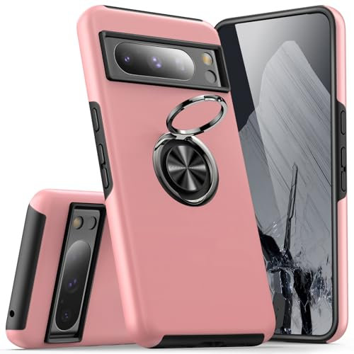 KRAFTCARE Coque pour Google Pixel 8 Pro, Coque de Protection avec Anneau 360° Intégré, Housse de Protection Magnétique TPU Antichoc pour Google Pixel 8 Pro, Rose