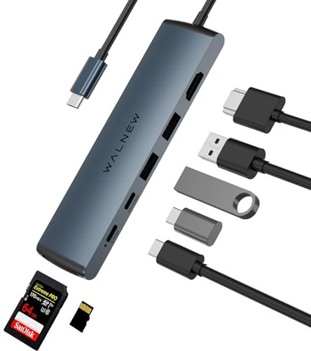 USB C Hub - WALNEW 7-in-1 Docking Station Aluminium with 100W PD, 4K HDMI, USB 3.0 & USB-C, SD Improved Connectivity, for MacBook Air, Pro, Lenovo ThinkPad, Dell XPS, HP, Surface Laptop and More