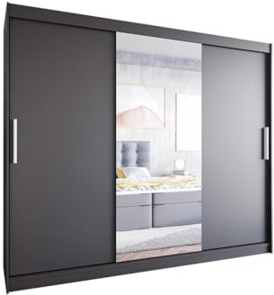 Easy4You L1 250 cm Schwarz Schiebetüren Kleiderschrank 250x215x58 cm mit Spiegel - Schlafzimmermöbel, Aufbewahrung - Mehrzweckschrank