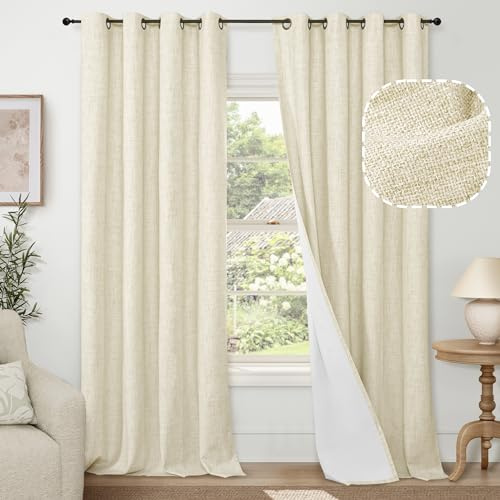 Lajode Cremefarbene Verdunkelungsvorhänge für Wohnzimmer, 244 cm Länge, 2 Paneele, wärmeisolierte, lichtblockierende Vorhänge aus Kunstleinen, für Schlafzimmer, bronzefarbene Ösen,