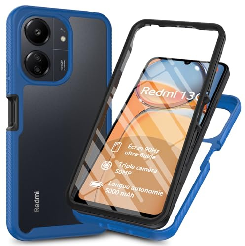 RonRun Cover Xiaomi Redmi 13C/Poco C65, Antiurto 360 Gradi Full Case con Protezione per Schermo Incorporata, Trasparente Rugged TPU Bumper Doppia Protettiva Case blu