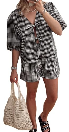 Geagodelia Women's 2 Pieces Outfit Summer Ladies Co Ord Set Peplum Tie Front Blouse Babydoll Top + Shorts Y2k Aesthetic Clothes Lounge Wear Workout (D - Black Gingham, S)