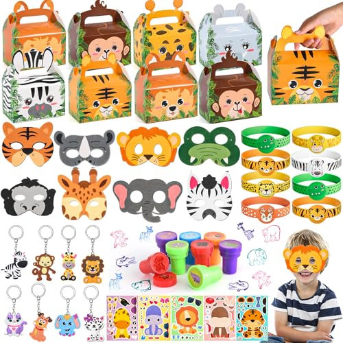 Animali della Giungla Gadget Compleanno Bambini Maschere in Feltro Portachiavi Animali Timbri Braccialetti in Silicone Adesivi Tatuaggi Sacchetti Regalo Regalini Fine Festa Compleanno