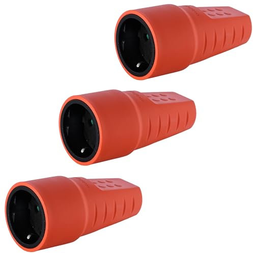 Gummikupplung 230V, Schutzkontaktkupplung, IP20, 16A, Schuko Kupplung mit Knickschutztülle, Bruchfest Schukokupplung mit Zugentlastung Aussenbereich, Kabel Kupplung bis max. 2,5mm², 3 Stücke (Orange)