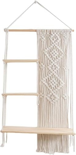 Wandregal Holz Makramee Wandbehang Regal Wand Boho Deko, 3-stufiges Ausstellungsregal zum Aufhängen von Pflanzen, Fotos, Rustikale Wanddekoration mit Quaste und Gewebtem Seil für Zuhause, Schlafzimmer
