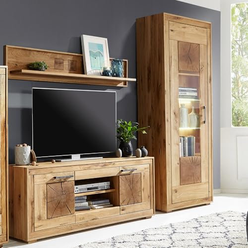 Lomadox Wohnmöbel Set Wohnwand Wildeiche massiv geölt montiert 3-teilig Modern, Wandboard, Lowboard, Vitrine
