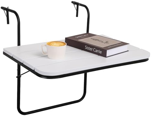 FEUFOAM Table de bar de balcon d'extérieur pliable suspendue en bois blanc avec cadre en métal - Table de service réglable pour terrasse - Compatible avec de nombreuses balustrades