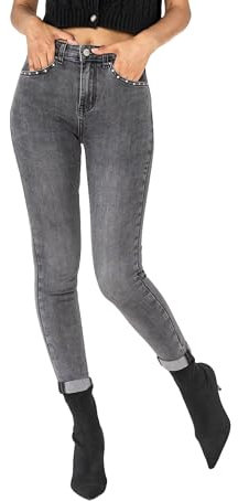 Nina Carter P605 Damen High-Waist Jeans mit Nieten-Details Slim Fit Stretch Jeanshose Used-Look (Grau (P605-17), M)