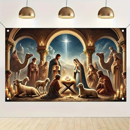 Blissyard Weihnachtskrippen-Hintergrund und -szene Winterbanner 180,3 x 109,2 cm, dekorative Krippendekoration für Feiertage