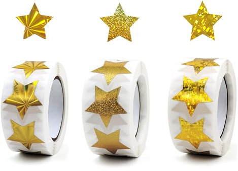 Wenyue 1500 Stück/3 Rolle Aufkleber Sterne Glitzer,Gold Sterne Aufkleber,Belohnungssticker,Selbstklebende Stern Aufkleber Belohnungssticker,für Lehrer, Studenten, Scrapbooking, DIY-Grußkarten