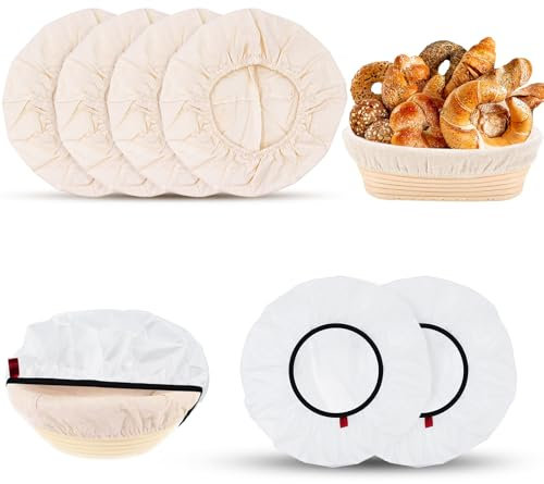 Mispudin 4+2 Stück 25cm Bäckerleinen Teigtuch & 28cm Gärfolie Teig zum Abdecken, Leinentuch Brot Backen Rund mit Gummibund, Abdeckhauben für Gärkörbchen Wiederverwendbar - Brot Backen Zubehör