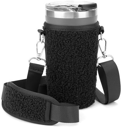 Linkidea Tumbler Carrier with Strap Compatible with IRON °FLASK Grip Coffee Mug 16oz, Polar Fleece Mug Sling Bag Holder with Shoulder Strap (Black)