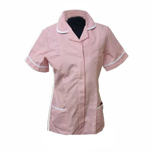 Skywear T66 Ladies Tunic Tops - Women's Healthcare & Beauty Tunics for Women UK | Work Uniforms for Office, Salon, Nurse & Spa - Multicolor Short Sleeve Tops, Pink White Stripes, 26