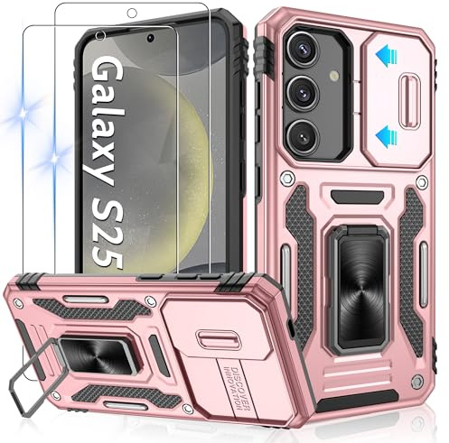 Jshru Handyhülle für Samsung Galaxy S25 Hülle Kameraschutz mit 2 Stück Schutzfolie Militärstandard Stoßfest Sturzsichere Schutzhülle 360° Metall Ring Ständer Case für Galaxy S25,Roségold