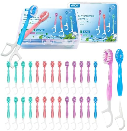 YUNCHI 72 Stück Mini Zahnbürste 5 in 1 Einmalzahnbürsten mit Zahnpasta + Pickel + Zungenschaber + Zahnseide, Reisezahnbürste Einzeln Verpackt für Camping Geschäftsreisen Kinder Erwachsene