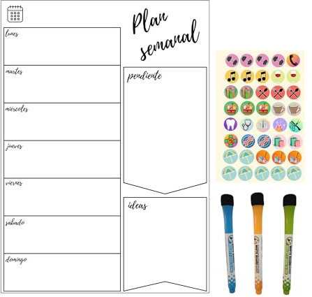 Pizarra Magnética Nevera A3 Borrable – Planificador Semanal de Menú, Lista de la Compra – Calendario Blanco con 3 Rotuladores e Imanes tareas– Organización Familiar en Español