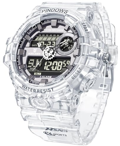 PINDOWS Analog-Digital-Uhr für Herren, transparent-Gold, 5 ATM wasserdicht | Helle LED-Beleuchtung, 3 Alarme, Countdown, 1/100-Sekunden-Stoppuhr, Datum, Wochentag und zwei Zeitzonen