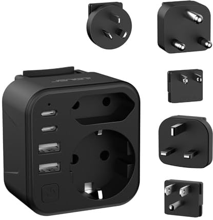JSVER Reiseadapter Weltweiter Set, Internationaler Reisestecker 2 Fach mit 4 USB(2 USB C) 5 Abnehmbare Adapter mit Schalter,Typ A/B/M/I/G Stecker für JAP/UK/USA/AUS/Südafrika(Schwarz)