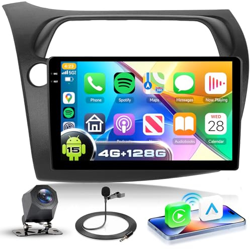 VECHTEL 4G+128G Android 15 Radio Coche para Honda Civic 2006-2011, 9 Pulgadas In-Cell HD Pantalla Táctil con Carplay Android Auto Inalámbrico, Autoradio Soporte GPS Wi-Fi USB Bluetooth FM RDS Cámara