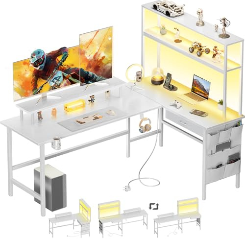 DLONGONE 170 x 100 cm L Shaped Gaming Desk with LED Lights & Power Outlets | Reversible Computer Desk with Storage Shelves, Corner Desks with Drawer, Monitor Stand and Hooks for Home Office, White