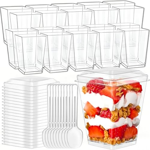40 Piezas Vasos de Postre con Cucharas y Tapa, 5oz/160ml Reutilizables Tazas de Postre, Vasitos Aperitivos Plastico, Vasitos para Postres Transparentes, para Mesas de Postres de Bodas Navidad