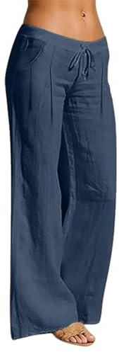 Pantalon Fluide Femme Été Coton Et Lin Pantalons Taille Basse À Jambe Large Pantalon Décontracté Pantalons De Sportive Ample Track Pants Léger Et Respirant Survêtement avec Cordon Serrage Et Poches