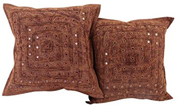 Sophia-Art 2-teiliges Set mit Stickerei, indischer Sari-Kissenbezug, Baumwolle, traditionelles Design, spiegelnd, 40,6 x 40,6 cm (braun)