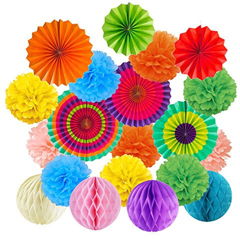 ZERODECO Mehrfarbig Seidenpapier Pompoms, Papier Fans Fächer und Wabenbälle Dekorpapier Kit für Geburtstag Hochzeit Baby Dusche Parteien Hauptdekorationen