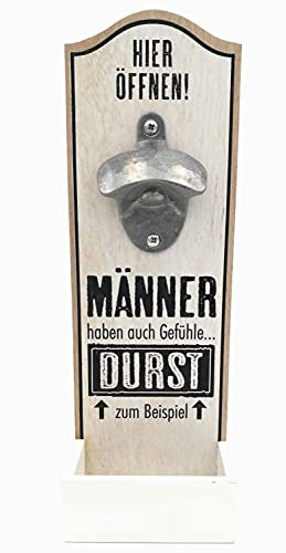 G.H. Robuster Grosser Wand Flaschenöffner im Vintage Stil zur Wandmontage aus Holz, mit Metall Kapselheber, Masse 30 x 10 cm, Ausführung mit Spruch: MÄNNER HABEN AUCH.