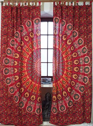 GURU SHOP Boho Vorhänge, Gardine (1 Paar) mit Schlaufen, Handbedruckter Ethno Style Vorhang, Mandala Motiv - Rot/orange, Baumwolle, 220x100x0 cm