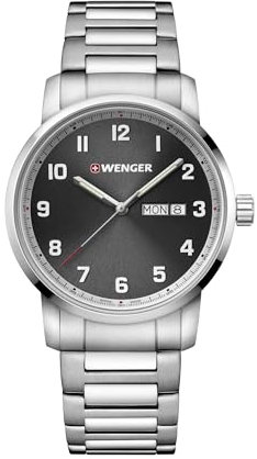 WENGER Herren Armbanduhr Attitude Ø 42 mm, Swiss Made, Analog Quarz, Wasserdicht bis 100 m, Edelstahl-Armband, Schwarz/Silber, 01.1541.119