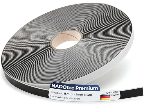 NADOtec Butylband Schwarz 15mm x 2mm x 15m - beidseitig klebend Dichtband für Auto, Fenster, Tür & Dachrinne - wasserfeste Butyl Dichtschnur für Fugen Abdichtung - Universal Dichtung - Dichtungsband
