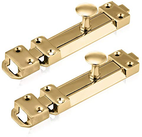 XFORT® 2 Pack Polished Brass Door Bolt, Surface Mounted Sliding Door Lock, Durable Door Lock Bolts Ideal for Securing Internal Doors for Bedrooms, Bathrooms, Cupboards and Storage Units (100mm)