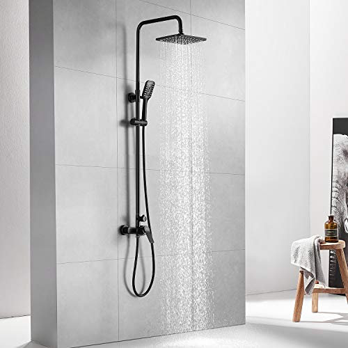 Auralum schwarze Duschsystem Regendusche, Duscharmatur mit Armatur, Duschset für 25x20 Kopfbrause und Handbrause. Einstellbare Höhe