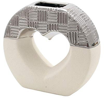 ***Edle Moderne Deko Designer Keramik Vase rund mit Herz in Silber-rau weiß, ca. 19 x 7 x 17 cm.
