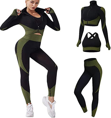 Veriliss Damen 3teiliger Gym Trainingsanzug Nahtlose Laufbekleidung Fitness Kleidung Jogginganzug Reißverschluss Kapuzen Fitness Jogging Tennis Laufen (SchwarzGrün,S)