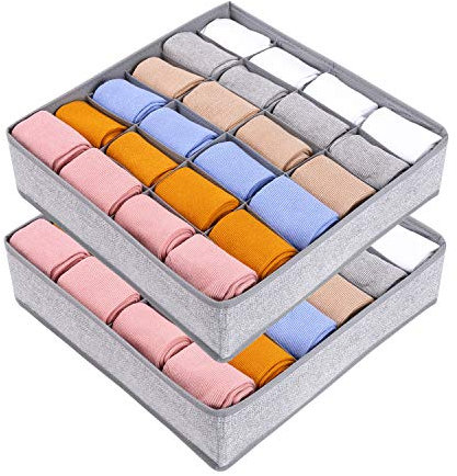 Joyoldelf Sock Organiser - Set of 2 Foldable Drawer Organiser - Wardrobe Storage Organiser with 24 Cells - Drawer Dividers Storage Boxes for Socks, Baby Clothes, Ties and Scarves - Grey