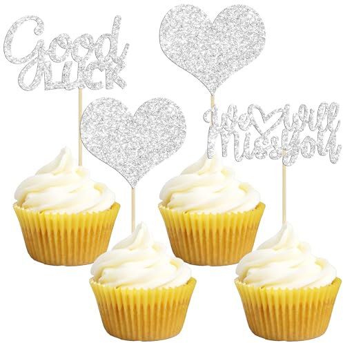 Gyufise Cupcake-Topper mit Aufschrift We Will Miss You, Glitzer-Herz, Glück, Cupcake-Picks, Dekorationen zum Ausgehen, Ruhestand, Mottoparty-Zubehör, 36 Stück