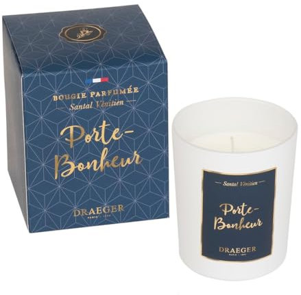 DRAEGER PARIS - Bougie Cadeau blanche Parfumée Santal Vénitien Porte-bonheur - Idée Cadeau Porte chance - Bougie originale à offrir - Fabriquée en France - 100% Cire Végétale - 40h de combustion