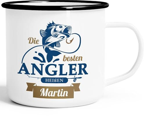 SpecialMe® Emaille-Tasse Name Geschenk Angeln Spruch Die besten Angler heißen Wunschname personalisierte Geschenke weiß-schwarz Emailletasse