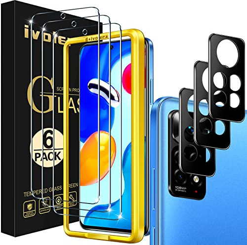 ivoler 3+3 Stück Schutz Glas für Xiaomi Redmi Note 11 4G, 3 Stücke Schutzfolie Mit 3 Stück Kameraschutz und Positionierhilfe, 9H Härte, HD Klar, Anti-Kratz, Anti-Bläschen