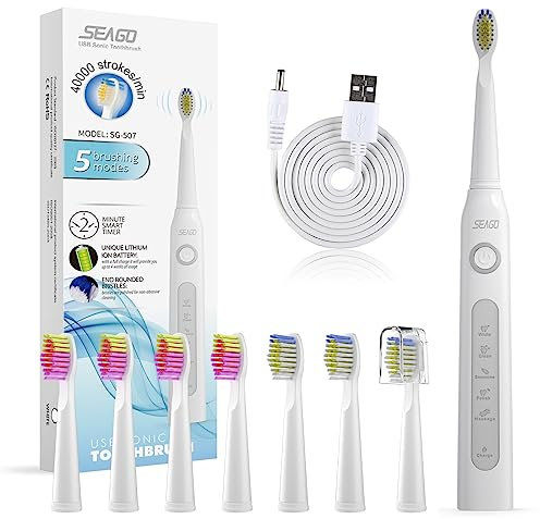 Seago Elektrische Zahnbürste/Electric Toothbrush, 5-Modi und 8 Bürstenköpfe mit USB und Timer, 40000VPM Elektrische Schallzahnbürste, Reisezahnbürste SG507 Weiß