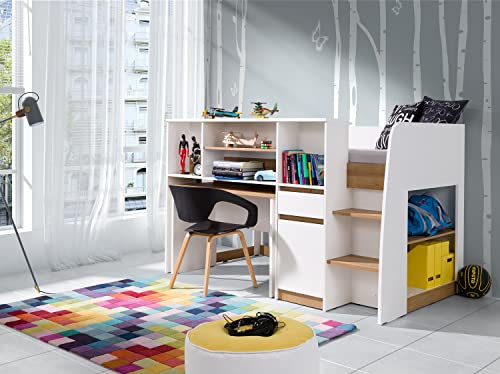Marmex Sinco Hohes Jugendbett, praktisches Bett mit Schreibtisch, Lattenrost, Bett mit Treppe, mit Regalen für Kinderzimmer, Funktionelles weißes Jugendbett, modernes Zwischengeschoss