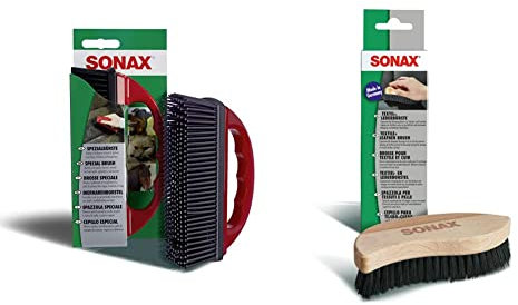 SONAX SpezialBürste zur Entfernung von Tierhaaren (1 Stück) & Textil+LederBürste (1 Stück) Trocken- und Feuchtreinigung von Textilien sowie zur schonenden Reinigung von Glattleder-Oberflächen