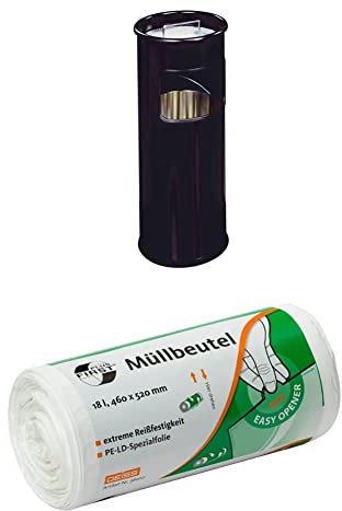 Durable Papierkorb Metall mit Ascher rund, schwarz, 333001 + Müllbeutel DEISS FIRST PLUS weiß 18 L, 50 Stück