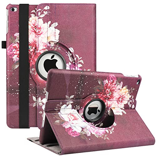 Xsltkby Étui de protection pour iPad 9.7' 5/6ème génération (2017/2018), iPad Air 2, iPad Air - Housse de protection réglable à 360 degrés avec veille/réveil (Purple Peony)
