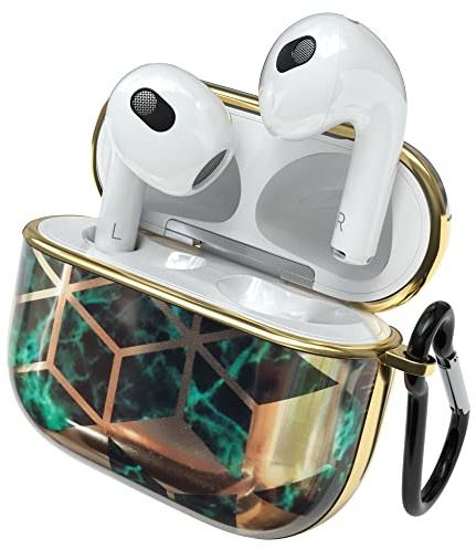EAZY CASE - Schutzhülle für AirPods 3 Hülle Grün Hard Case Stoßfest mit Karabiner geeignet als Schlüsselanhänger Antikratz Etui rutschfest Hardcase für Airpod 3. Generation in Gold Grün Marmor
